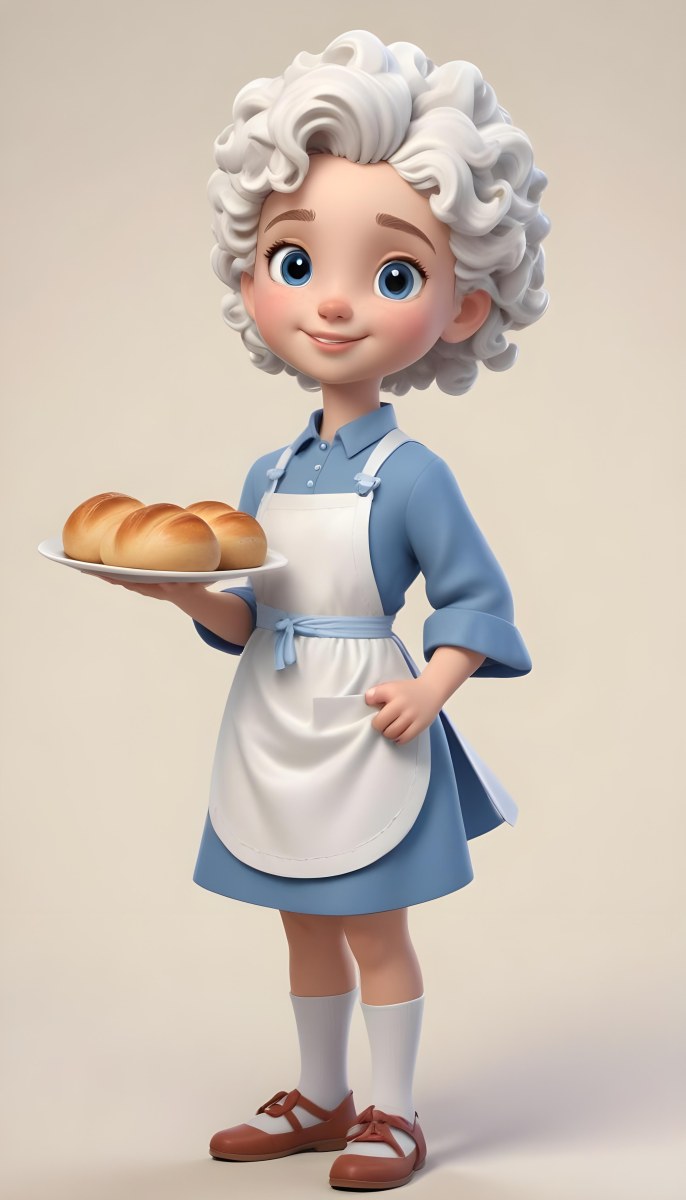 Digital Painting A Caucasian Girl 10 Years Old White Curly Hair Holding A Plate Of Bread Wearing A White Dress And A Blue Apron In A Plain Background Bold And Slim Lines Brush Strokes 63 Cd13