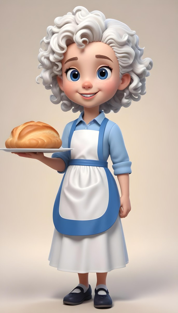 Digital Painting A Caucasian Girl 10 Years Old White Curly Hair Holding A Plate Of Bread Wearing A White Dress And A Blue Apron In A Plain Background Bold And Slim Lines Brush Strokes 65 4395