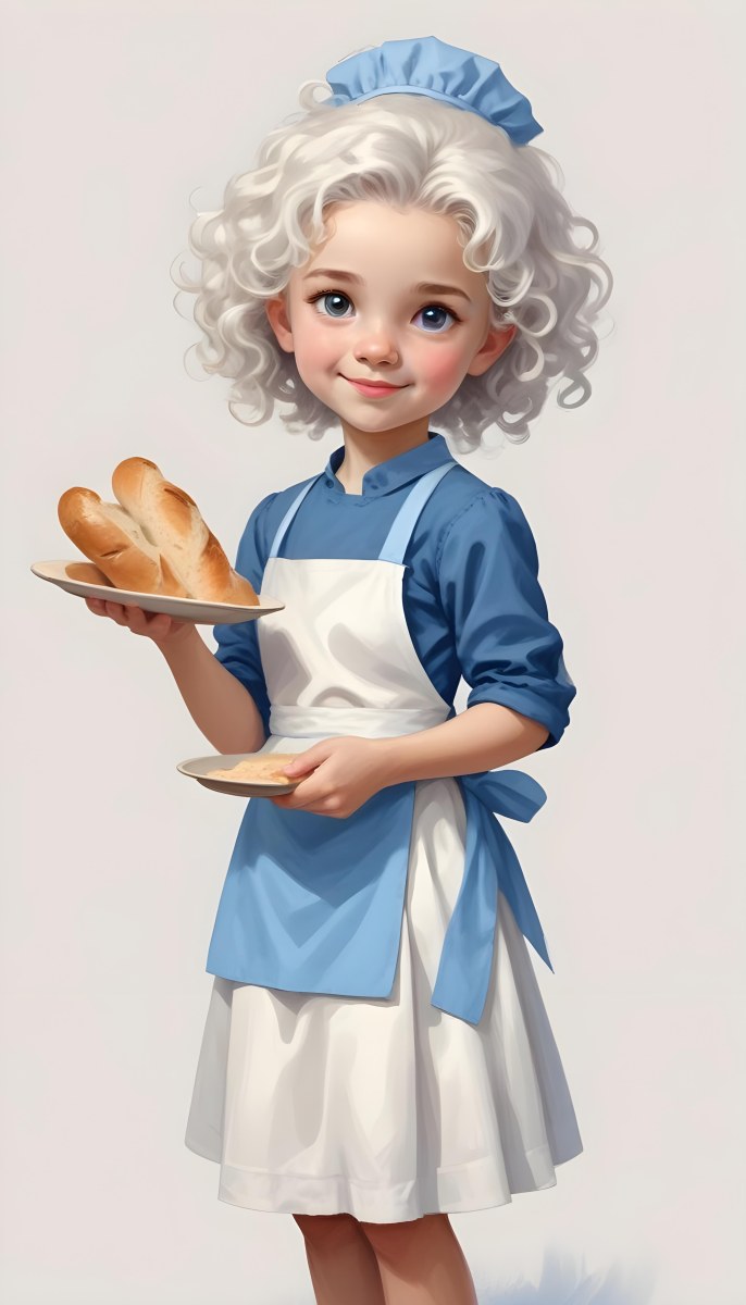 Digital Painting A Caucasian Girl 10 Years Old White Curly Hair Holding A Plate Of Bread Wearing A White Dress And A Blue Apron In A Plain Background Bold And Slim Lines Brush Strokes 66 3740