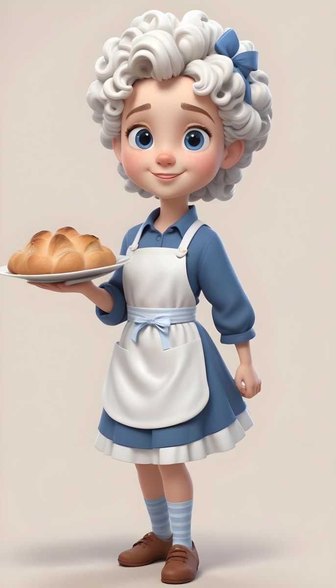Digital Painting A Caucasian Girl 10 Years Old White Curly Hair Holding A Plate Of Bread Wearing A White Dress And A Blue Apron In A Plain Background Bold And Slim Lines Brush Strokes 67 7ea5