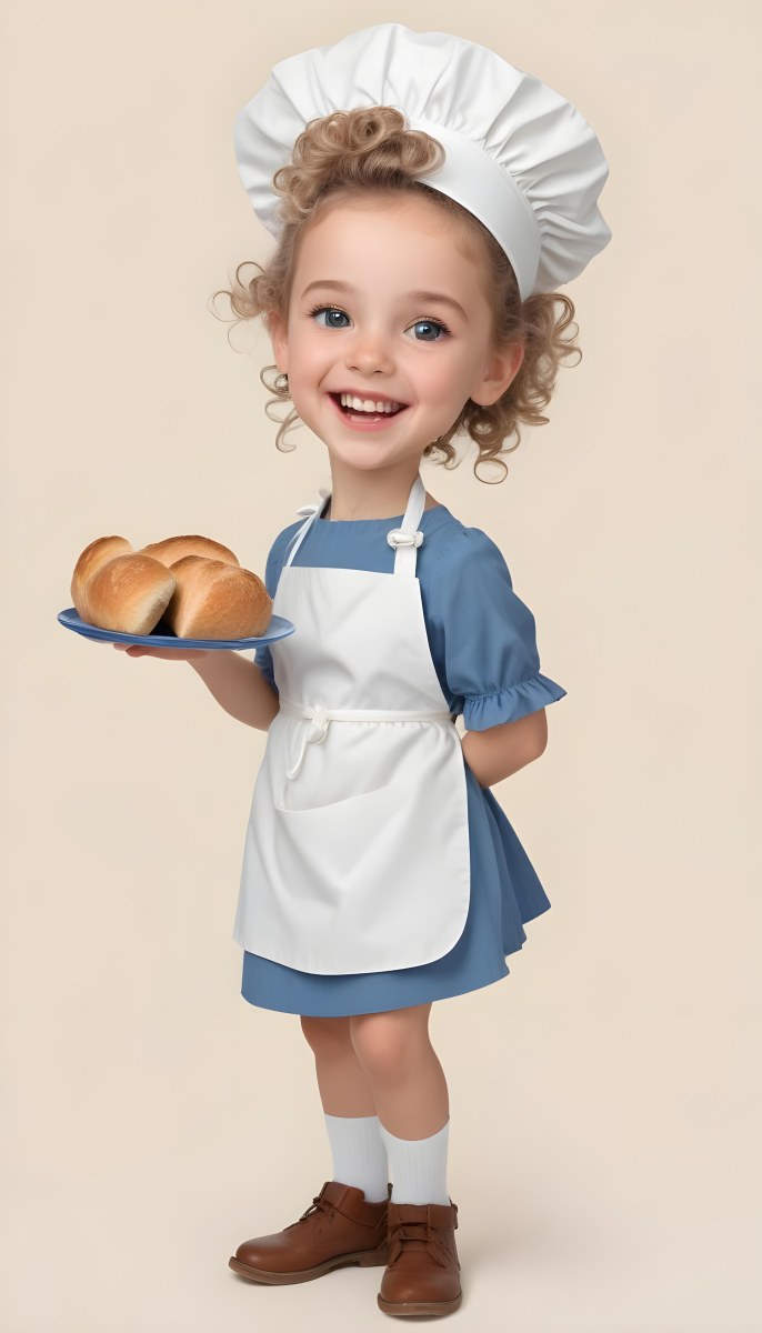 Digital Painting A Caucasian Girl 10 Years Old White Curly Hair Holding A Plate Of Bread Wearing A White Dress And A Blue Apron In A Plain Background Bold And Slim Lines Brush Strokes 8 C658