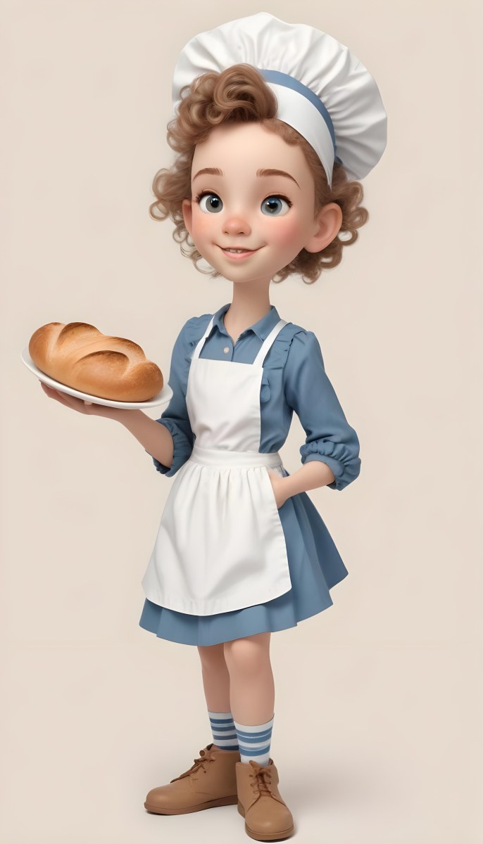 Digital Painting A Caucasian Girl 10 Years Old White Curly Hair Holding A Plate Of Bread Wearing A White Dress And A Blue Apron In A Plain Background Bold And Slim Lines Brush Strokes 9 Dd55