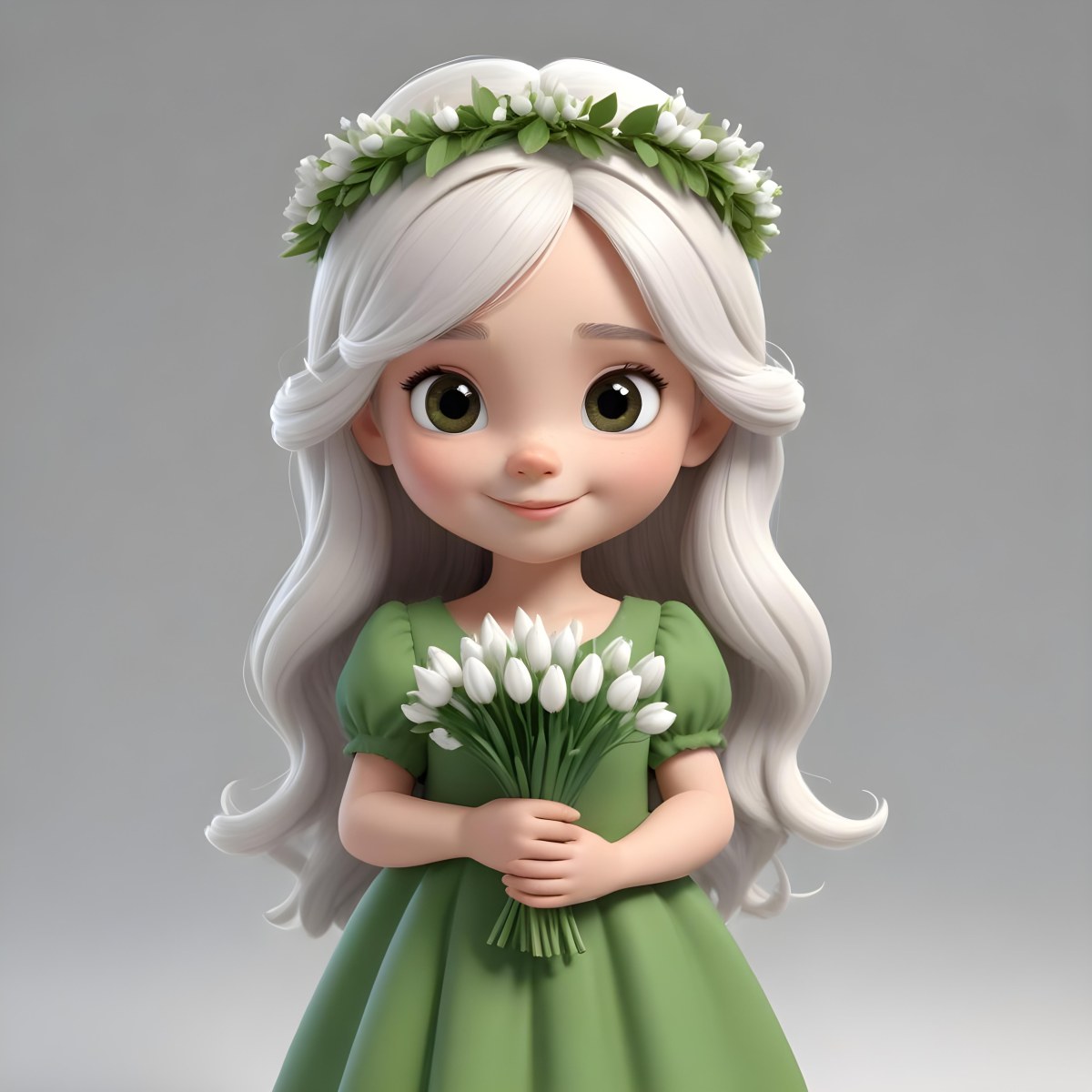 Digital Painting A Caucasian Girl 8 Years Old Long White Hair Brown Eyes Holding A Bouquet Of Snowdrops Wearing A Green Dress And A Flower Crown White Background Bold And Slim Lines Brush Strokes 11 48bd