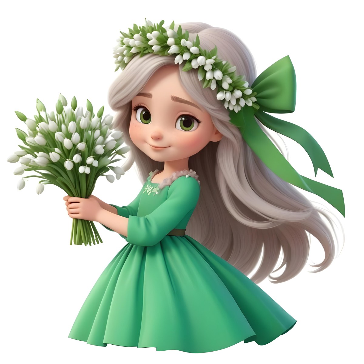 Digital Painting A Caucasian Girl 8 Years Old Long White Hair Brown Eyes Holding A Bouquet Of Snowdrops Wearing A Green Dress And A Flower Crown White Background Bold And Slim Lines Brush Strokes 13 2019