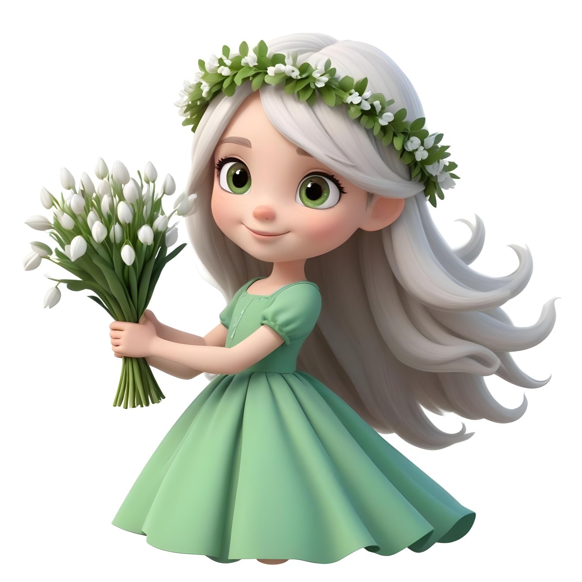 Digital Painting A Caucasian Girl 8 Years Old Long White Hair Brown Eyes Holding A Bouquet Of Snowdrops Wearing A Green Dress And A Flower Crown White Background Bold And Slim Lines Brush Strokes 15 Dc50