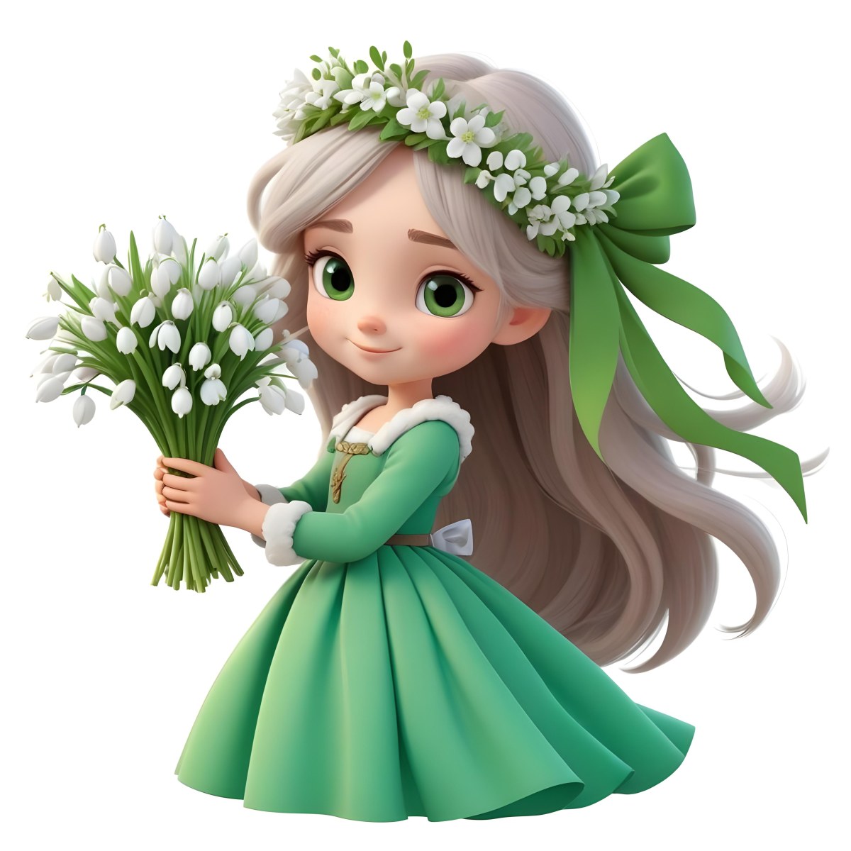 Digital Painting A Caucasian Girl 8 Years Old Long White Hair Brown Eyes Holding A Bouquet Of Snowdrops Wearing A Green Dress And A Flower Crown White Background Bold And Slim Lines Brush Strokes 16 5ea9