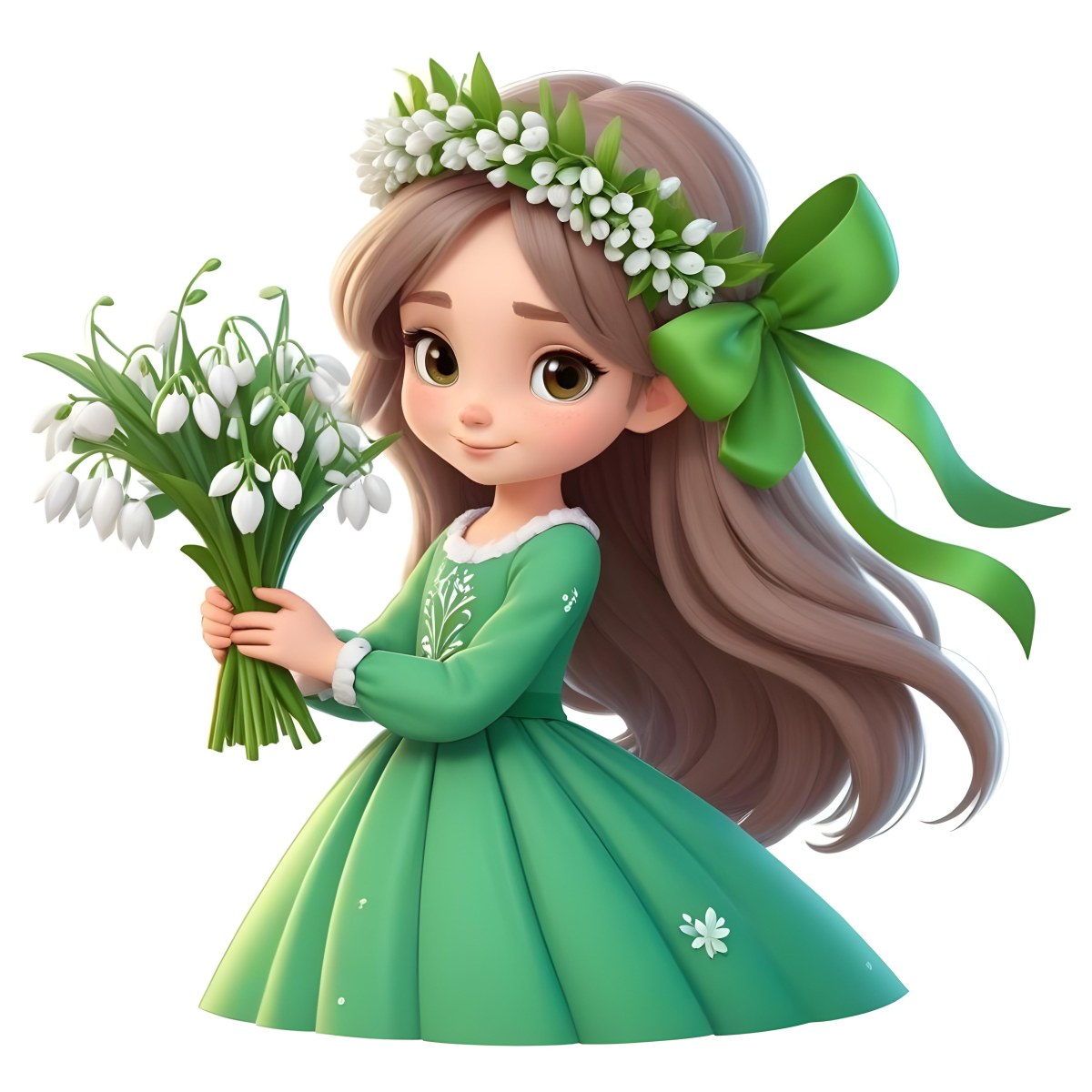 Digital Painting A Caucasian Girl 8 Years Old Long White Hair Brown Eyes Holding A Bouquet Of Snowdrops Wearing A Green Dress And A Flower Crown White Background Bold And Slim Lines Brush Strokes 17 1d6e