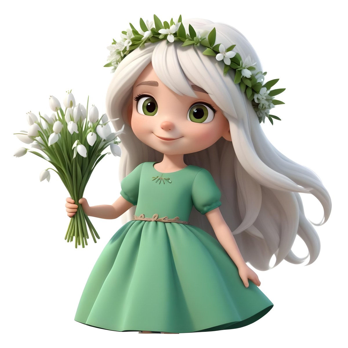 Digital Painting A Caucasian Girl 8 Years Old Long White Hair Brown Eyes Holding A Bouquet Of Snowdrops Wearing A Green Dress And A Flower Crown White Background Bold And Slim Lines Brush Strokes 2 A0dd