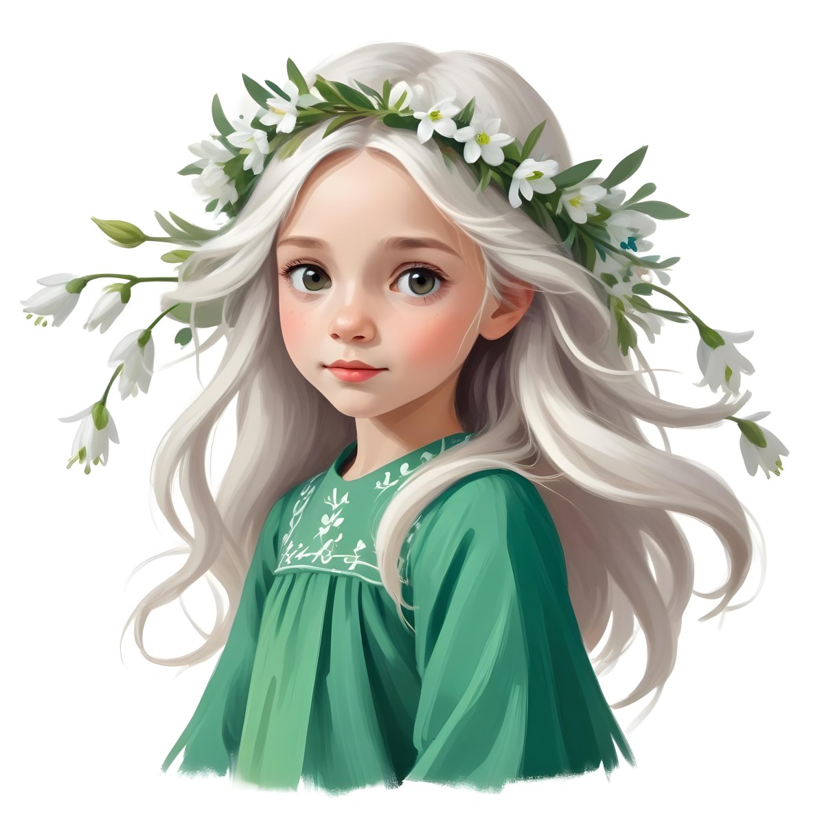 Digital Painting A Caucasian Girl 8 Years Old Long White Hair Brown Eyes Holding A Bouquet Of Snowdrops Wearing A Green Dress And A Flower Crown White Background Bold And Slim Lines Brush Strokes 20 6dda