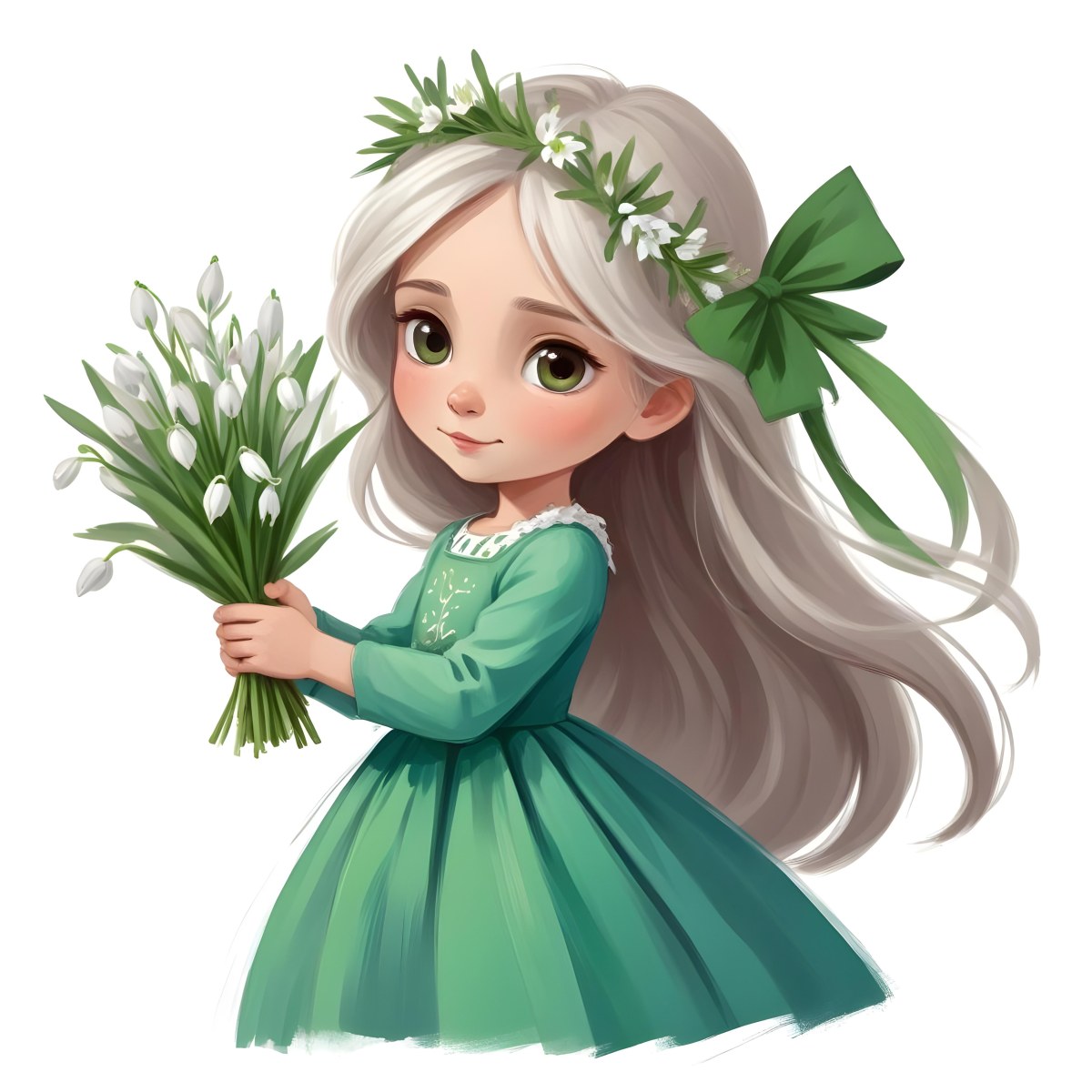 Digital Painting A Caucasian Girl 8 Years Old Long White Hair Brown Eyes Holding A Bouquet Of Snowdrops Wearing A Green Dress And A Flower Crown White Background Bold And Slim Lines Brush Strokes 21 8eef