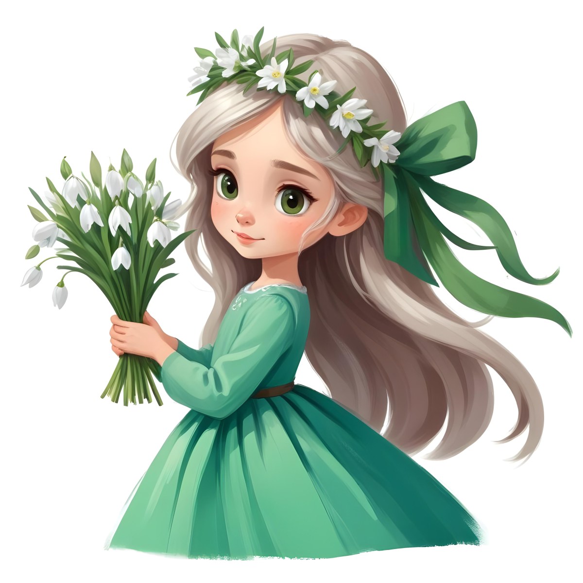 Digital Painting A Caucasian Girl 8 Years Old Long White Hair Brown Eyes Holding A Bouquet Of Snowdrops Wearing A Green Dress And A Flower Crown White Background Bold And Slim Lines Brush Strokes 22 7866