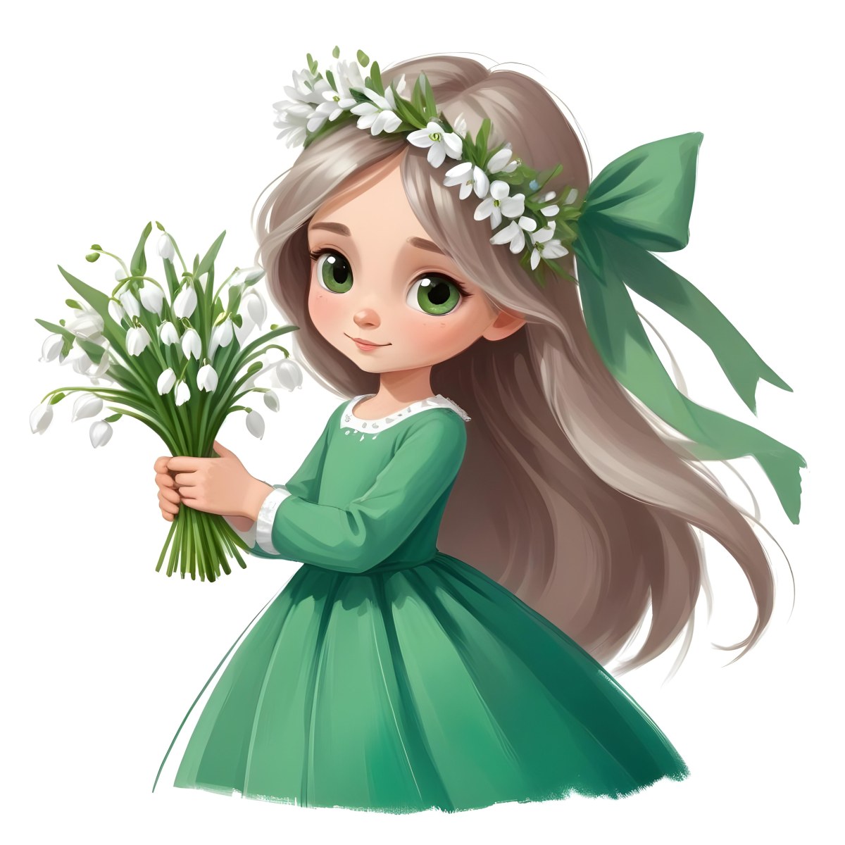 Digital Painting A Caucasian Girl 8 Years Old Long White Hair Brown Eyes Holding A Bouquet Of Snowdrops Wearing A Green Dress And A Flower Crown White Background Bold And Slim Lines Brush Strokes 23 E899