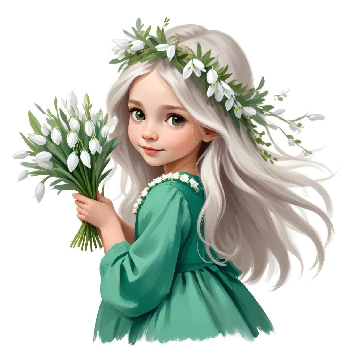 Digital Painting A Caucasian Girl 8 Years Old Long White Hair Brown Eyes Holding A Bouquet Of Snowdrops Wearing A Green Dress And A Flower Crown White Background Bold And Slim Lines Brush Strokes 24 3f6a