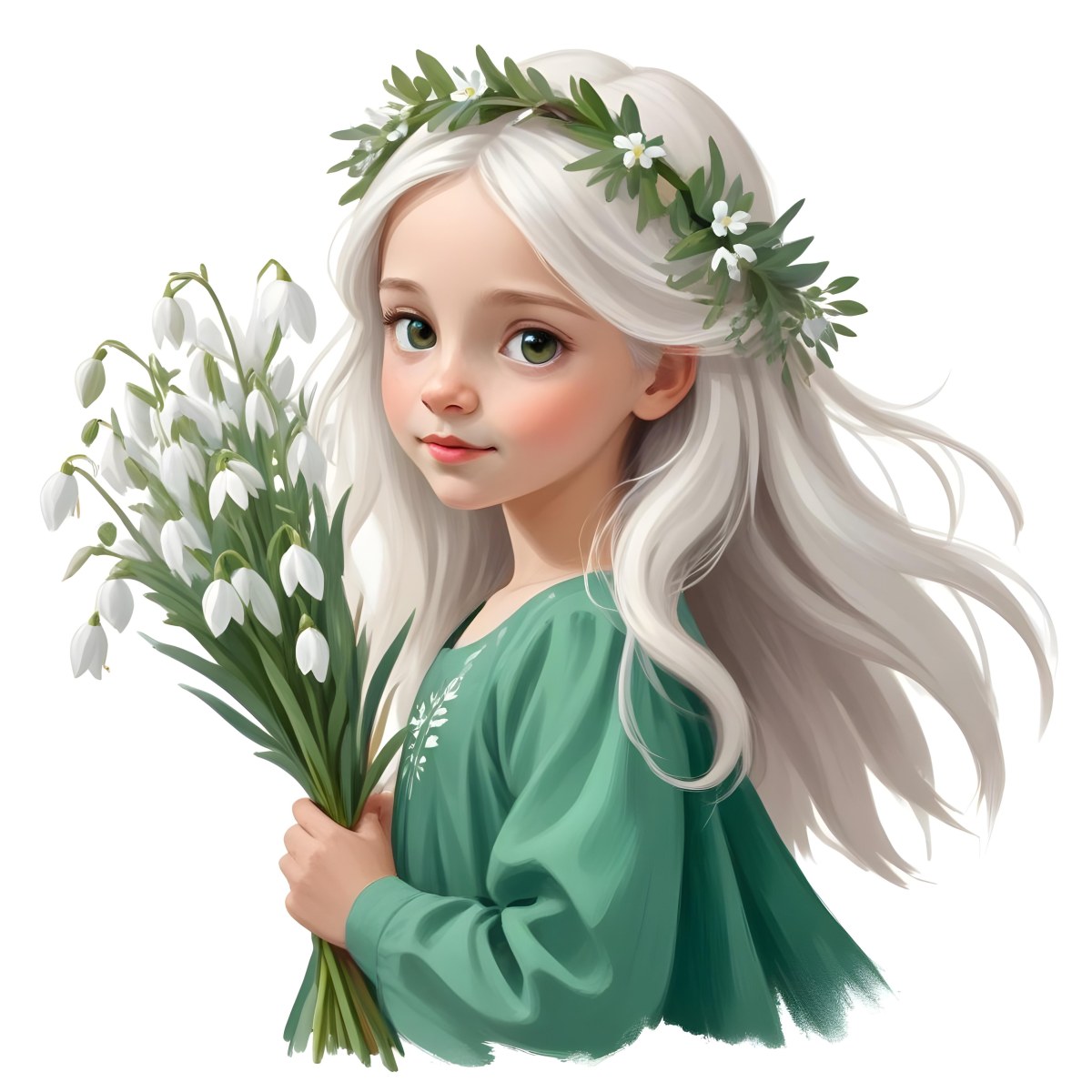 Digital Painting A Caucasian Girl 8 Years Old Long White Hair Brown Eyes Holding A Bouquet Of Snowdrops Wearing A Green Dress And A Flower Crown White Background Bold And Slim Lines Brush Strokes 25 8a25