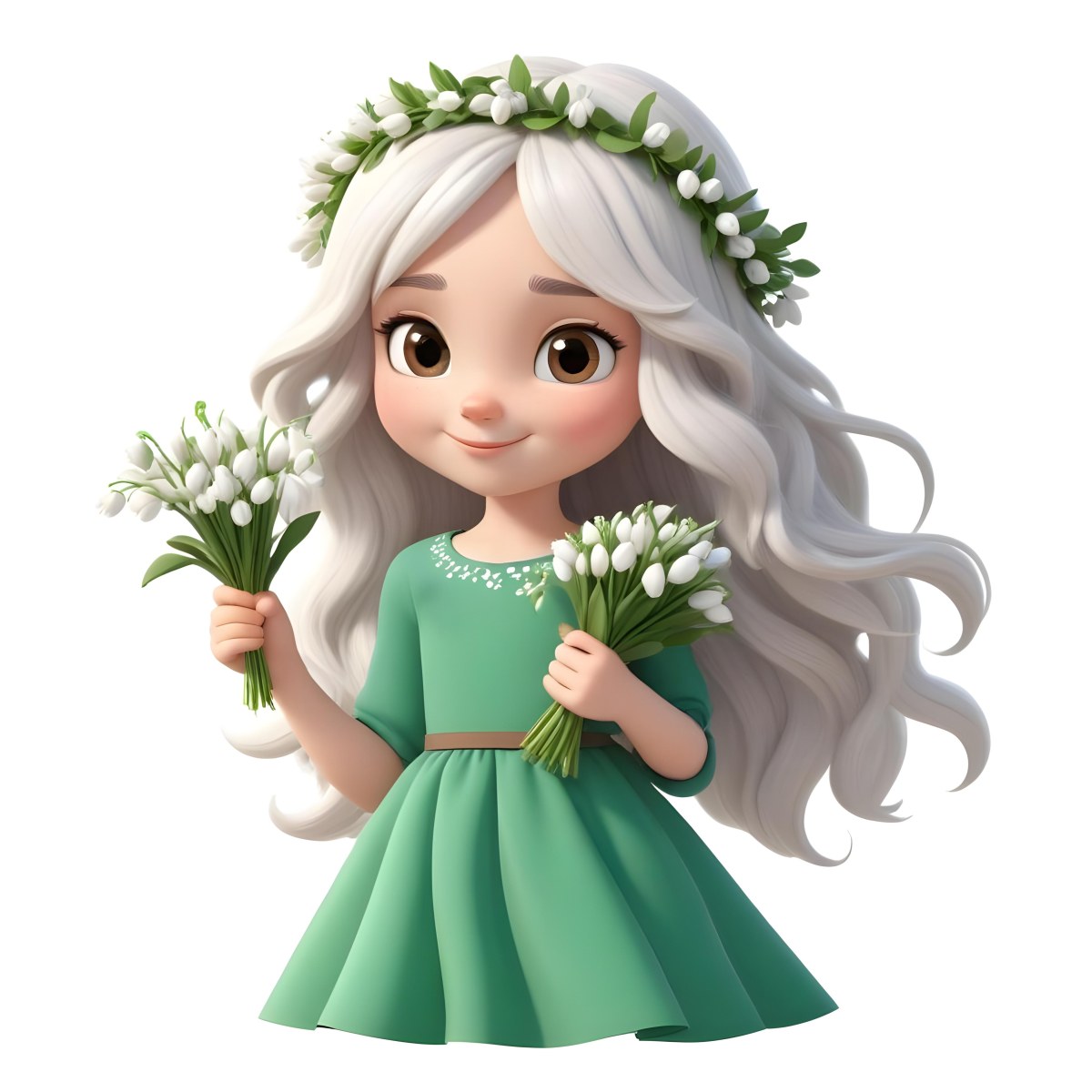 Digital Painting A Caucasian Girl 8 Years Old Long White Hair Brown Eyes Holding A Bouquet Of Snowdrops Wearing A Green Dress And A Flower Crown White Background Bold And Slim Lines Brush Strokes 3 Dc3c