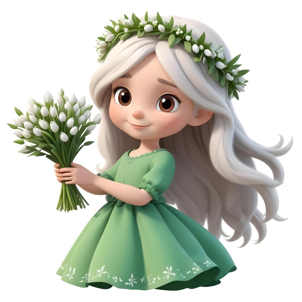 Digital Painting A Caucasian Girl 8 Years Old Long White Hair Brown Eyes Holding A Bouquet Of Snowdrops Wearing A Green Dress And A Flower Crown White Background Bold And Slim Lines Brush Strokes 4 96c1