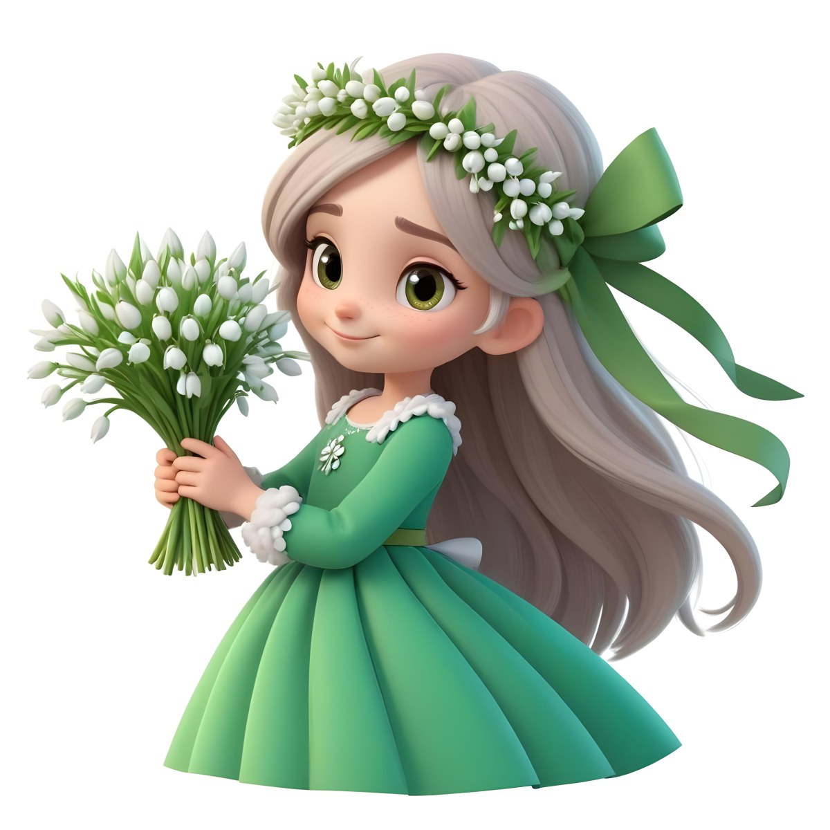 Digital Painting A Caucasian Girl 8 Years Old Long White Hair Brown Eyes Holding A Bouquet Of Snowdrops Wearing A Green Dress And A Flower Crown White Background Bold And Slim Lines Brush Strokes 5 Bd5a