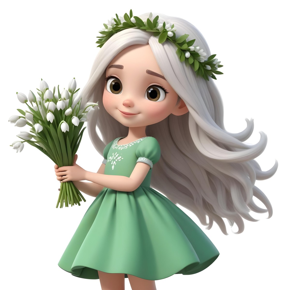 Digital Painting A Caucasian Girl 8 Years Old Long White Hair Brown Eyes Holding A Bouquet Of Snowdrops Wearing A Green Dress And A Flower Crown White Background Bold And Slim Lines Brush Strokes 7 00cb