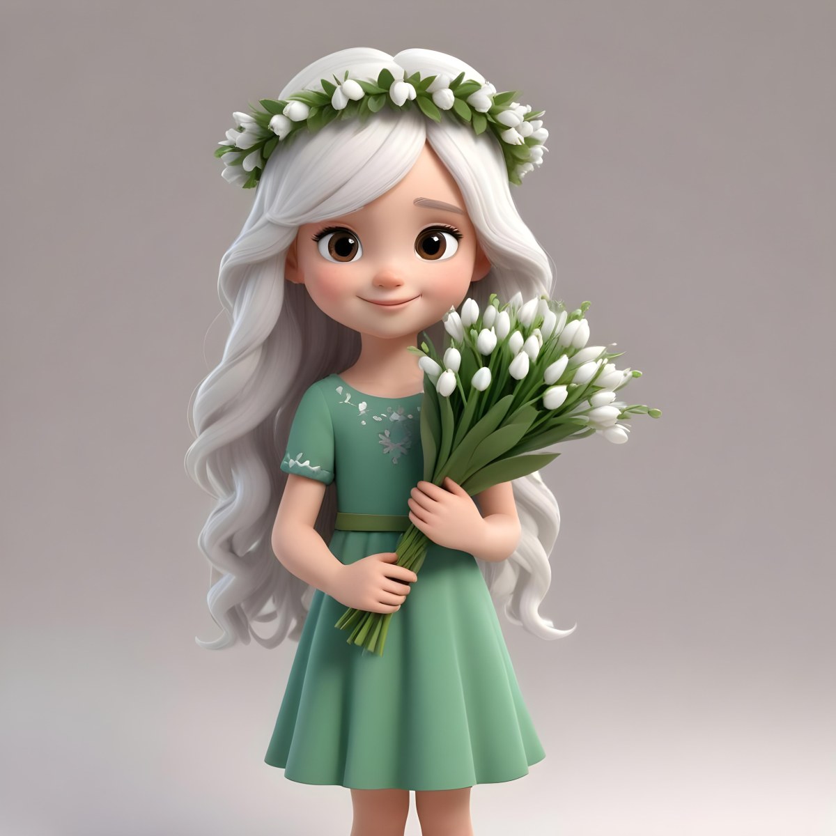 Digital Painting A Caucasian Girl 8 Years Old Long White Hair Brown Eyes Holding A Bouquet Of Snowdrops Wearing A Green Dress And A Flower Crown White Background Bold And Slim Lines Brush Strokes 8 2de8