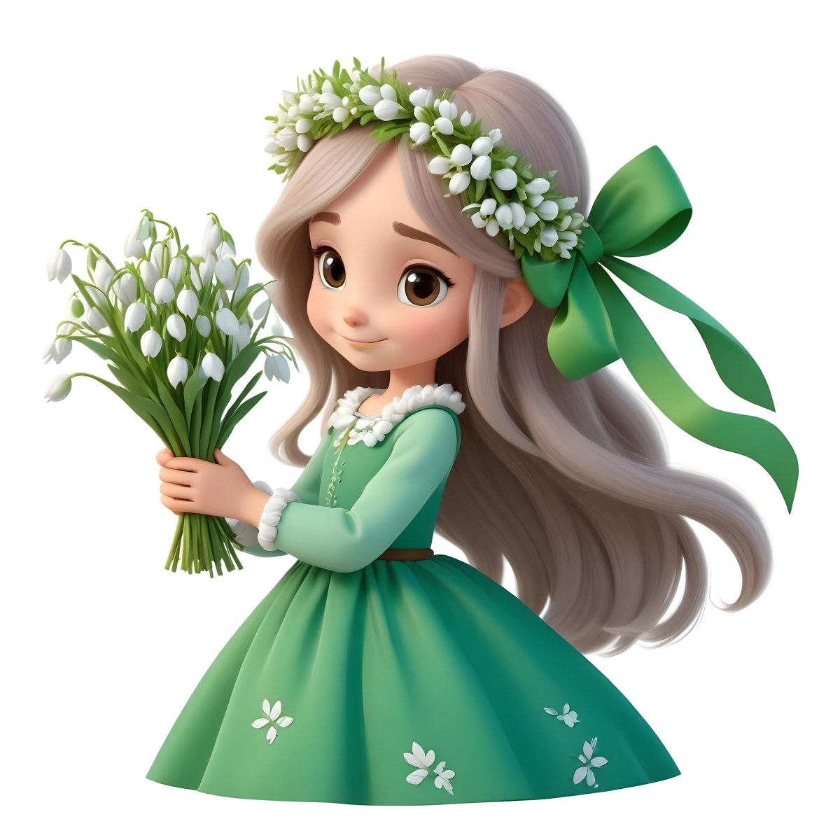 Digital Painting A Caucasian Girl 8 Years Old Long White Hair Brown Eyes Holding A Bouquet Of Snowdrops Wearing A Green Dress And A Flower Crown White Background Bold And Slim Lines Brush Strokes 9 B9b9