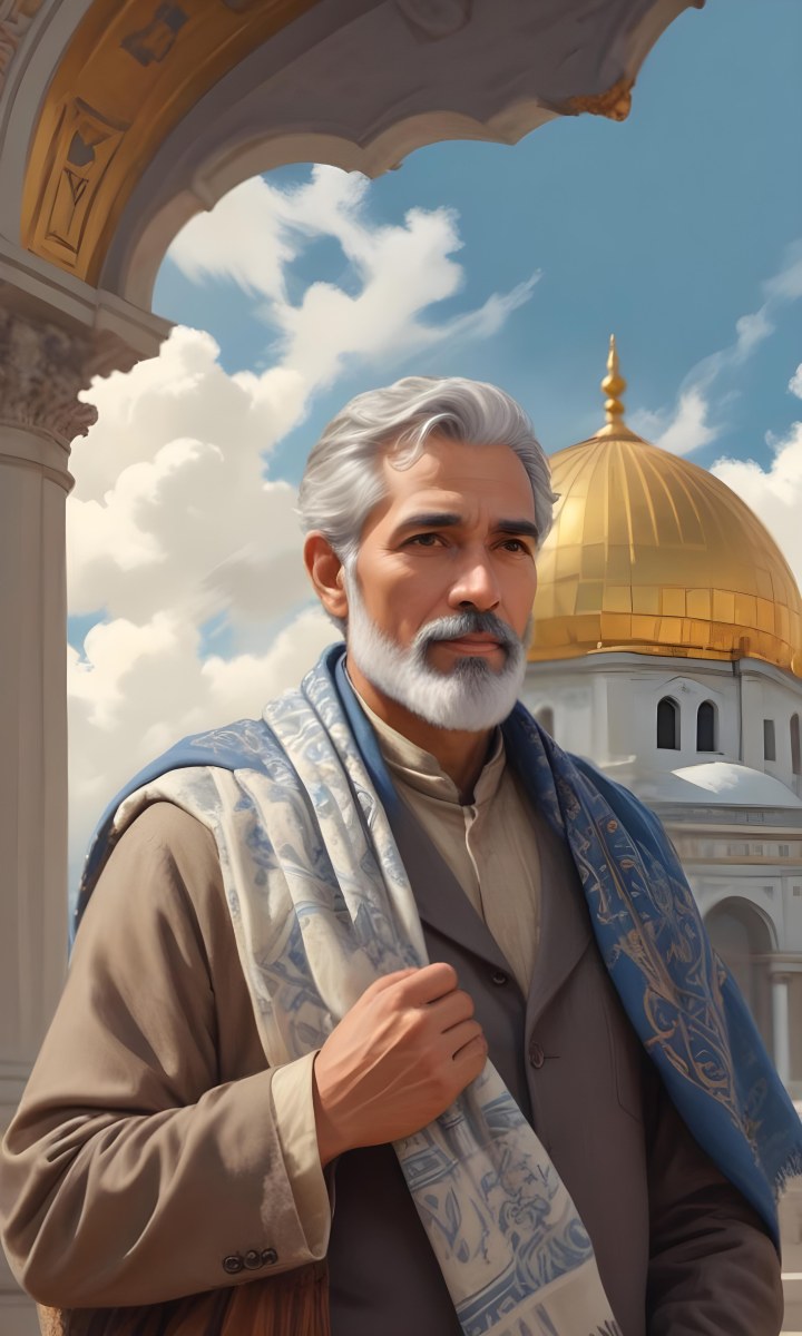 Digital Painting A Middle Aged Man With A Light Brown Skin Tone And Gray Hair Wearing A Traditional Outfit And A Patterned Scarf He Has A Well Groomed Beard And Is Standing In Front Of A Large Golden Dome Structure 10 3ae2