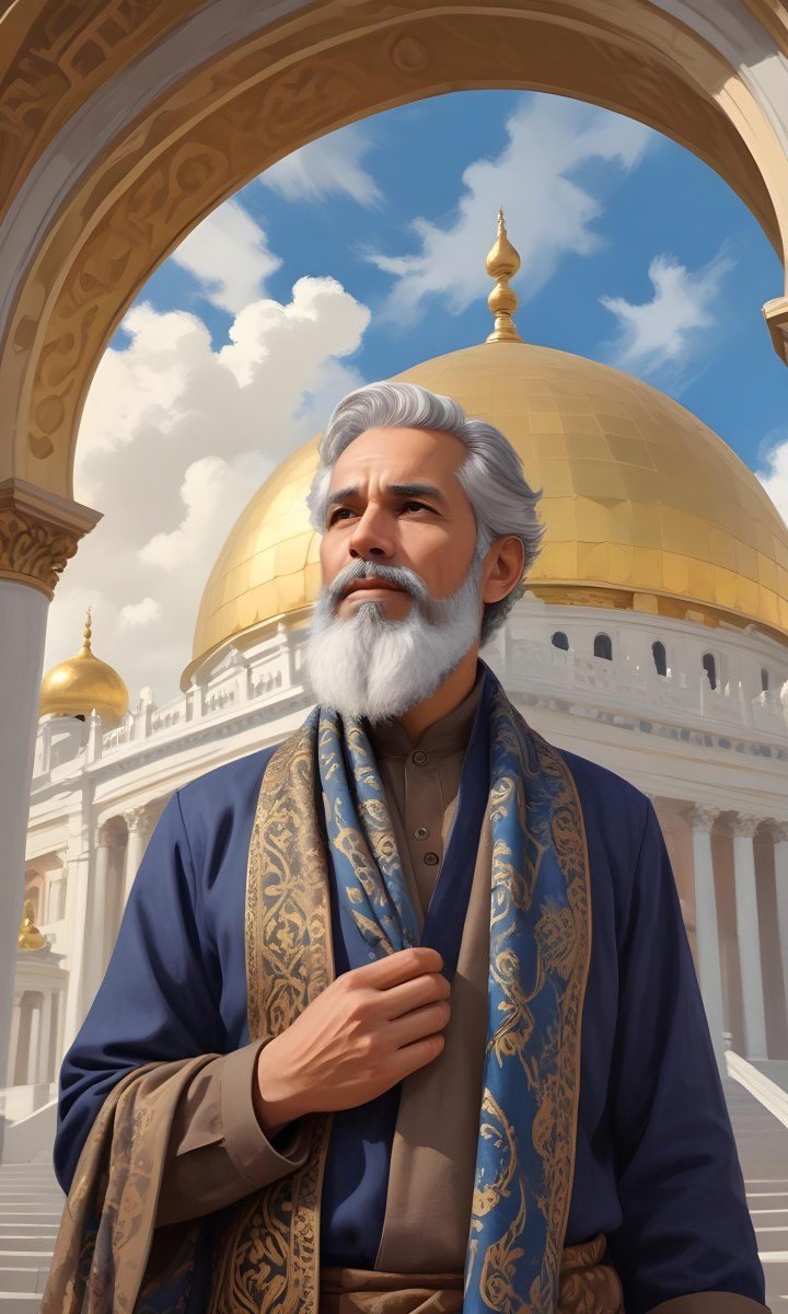 Digital Painting A Middle Aged Man With A Light Brown Skin Tone And Gray Hair Wearing A Traditional Outfit And A Patterned Scarf He Has A Well Groomed Beard And Is Standing In Front Of A Large Golden Dome Structure 11 6d94