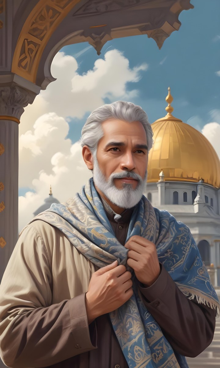 Digital Painting A Middle Aged Man With A Light Brown Skin Tone And Gray Hair Wearing A Traditional Outfit And A Patterned Scarf He Has A Well Groomed Beard And Is Standing In Front Of A Large Golden Dome Structure 12 628e