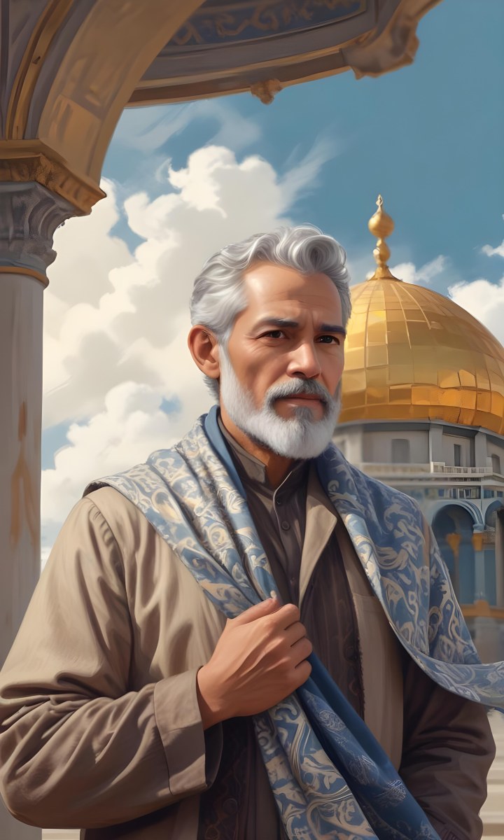 Digital Painting A Middle Aged Man With A Light Brown Skin Tone And Gray Hair Wearing A Traditional Outfit And A Patterned Scarf He Has A Well Groomed Beard And Is Standing In Front Of A Large Golden Dome Structure 13 D646
