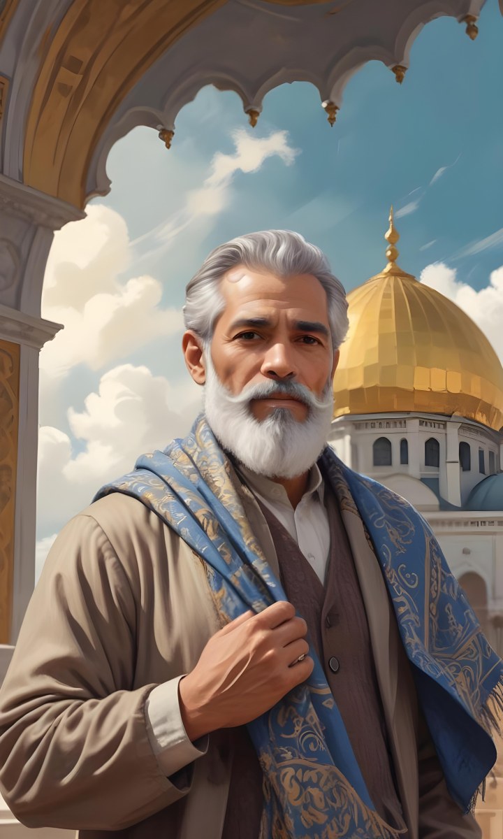Digital Painting A Middle Aged Man With A Light Brown Skin Tone And Gray Hair Wearing A Traditional Outfit And A Patterned Scarf He Has A Well Groomed Beard And Is Standing In Front Of A Large Golden Dome Structure 14 Aa5f