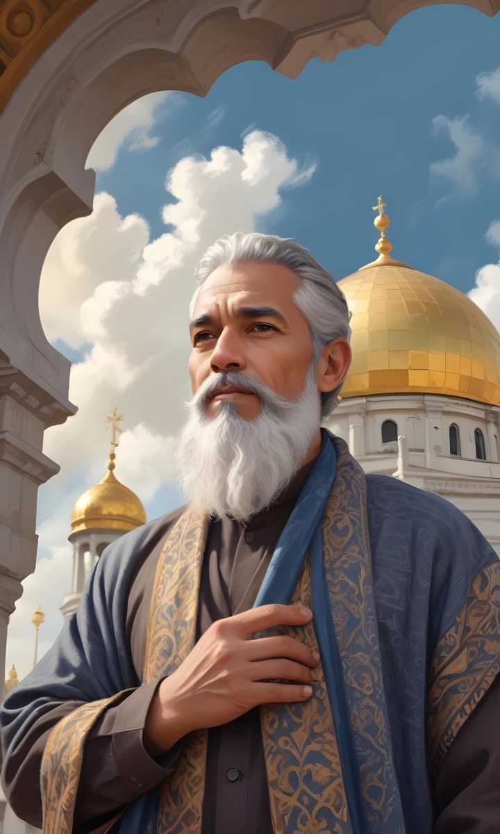 Digital Painting A Middle Aged Man With A Light Brown Skin Tone And Gray Hair Wearing A Traditional Outfit And A Patterned Scarf He Has A Well Groomed Beard And Is Standing In Front Of A Large Golden Dome Structure 15 Dba1