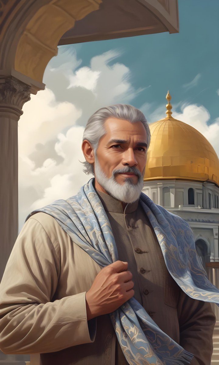 Digital Painting A Middle Aged Man With A Light Brown Skin Tone And Gray Hair Wearing A Traditional Outfit And A Patterned Scarf He Has A Well Groomed Beard And Is Standing In Front Of A Large Golden Dome Structure 17 7ca6