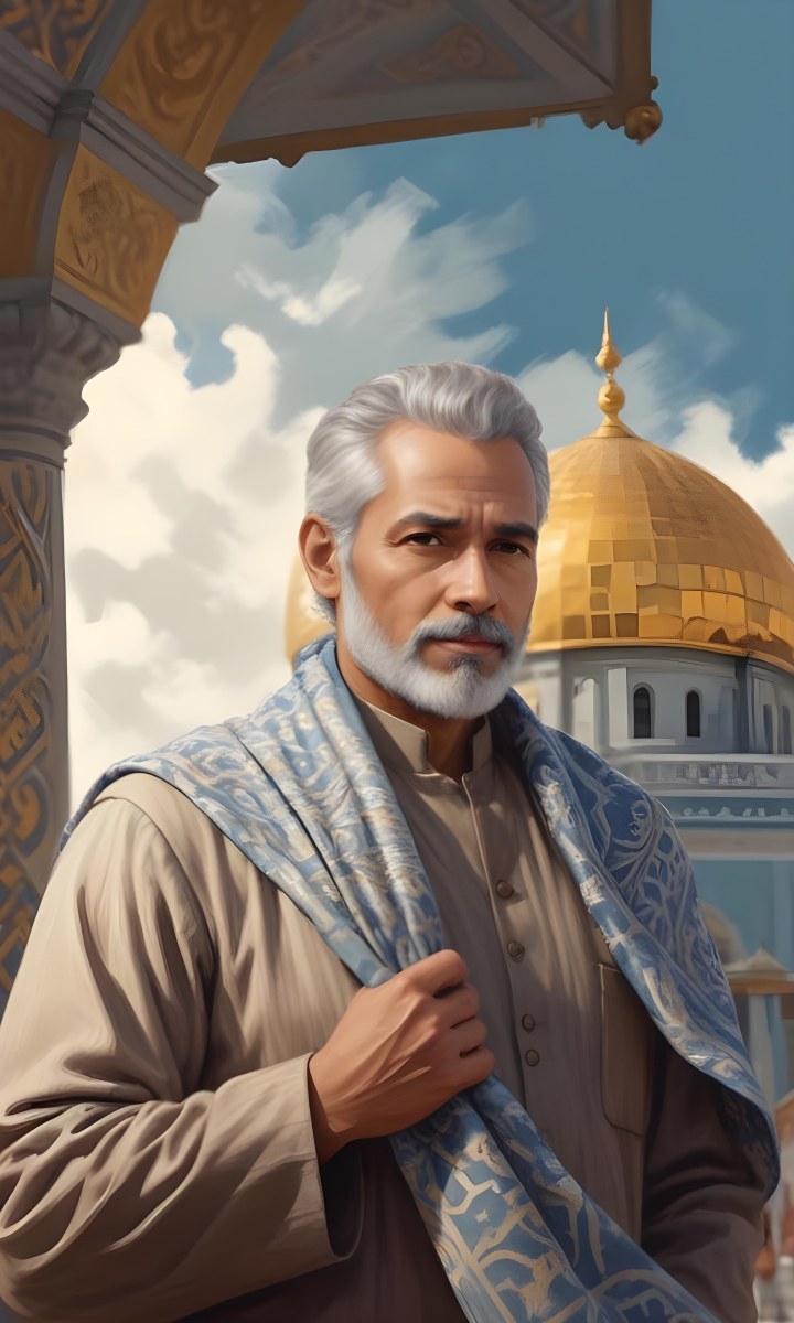 Digital Painting A Middle Aged Man With A Light Brown Skin Tone And Gray Hair Wearing A Traditional Outfit And A Patterned Scarf He Has A Well Groomed Beard And Is Standing In Front Of A Large Golden Dome Structure 18 10f6