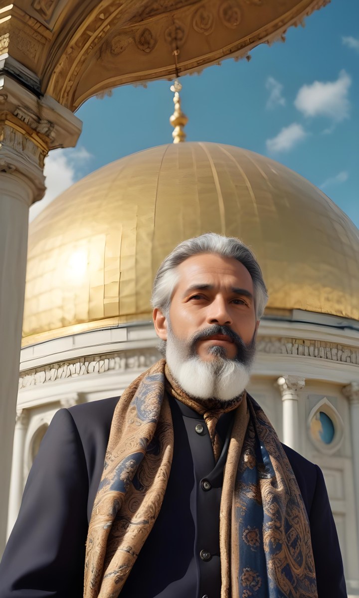 Digital Painting A Middle Aged Man With A Light Brown Skin Tone And Gray Hair Wearing A Traditional Outfit And A Patterned Scarf He Has A Well Groomed Beard And Is Standing In Front Of A Large Golden Dome Structure 3 39a1