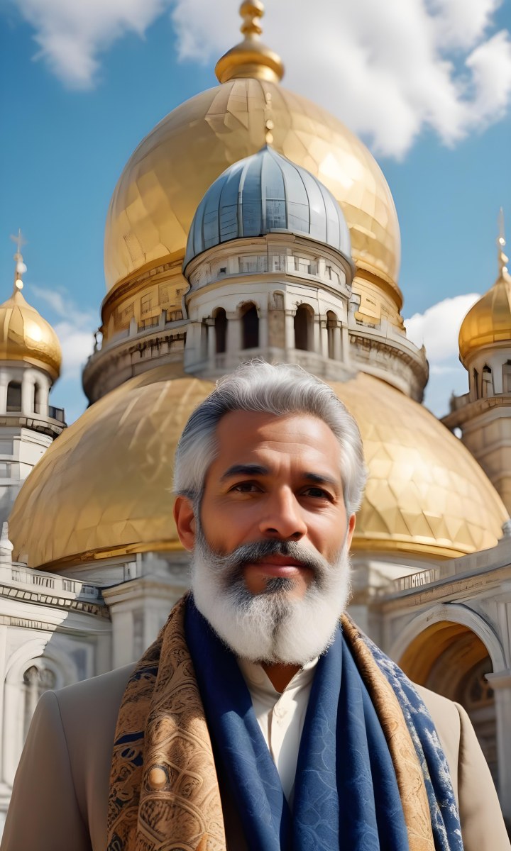 Digital Painting A Middle Aged Man With A Light Brown Skin Tone And Gray Hair Wearing A Traditional Outfit And A Patterned Scarf He Has A Well Groomed Beard And Is Standing In Front Of A Large Golden Dome Structure 4 1a6e