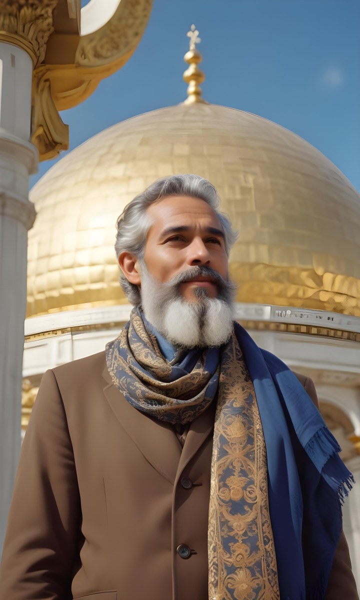 Digital Painting A Middle Aged Man With A Light Brown Skin Tone And Gray Hair Wearing A Traditional Outfit And A Patterned Scarf He Has A Well Groomed Beard And Is Standing In Front Of A Large Golden Dome Structure 5 6544