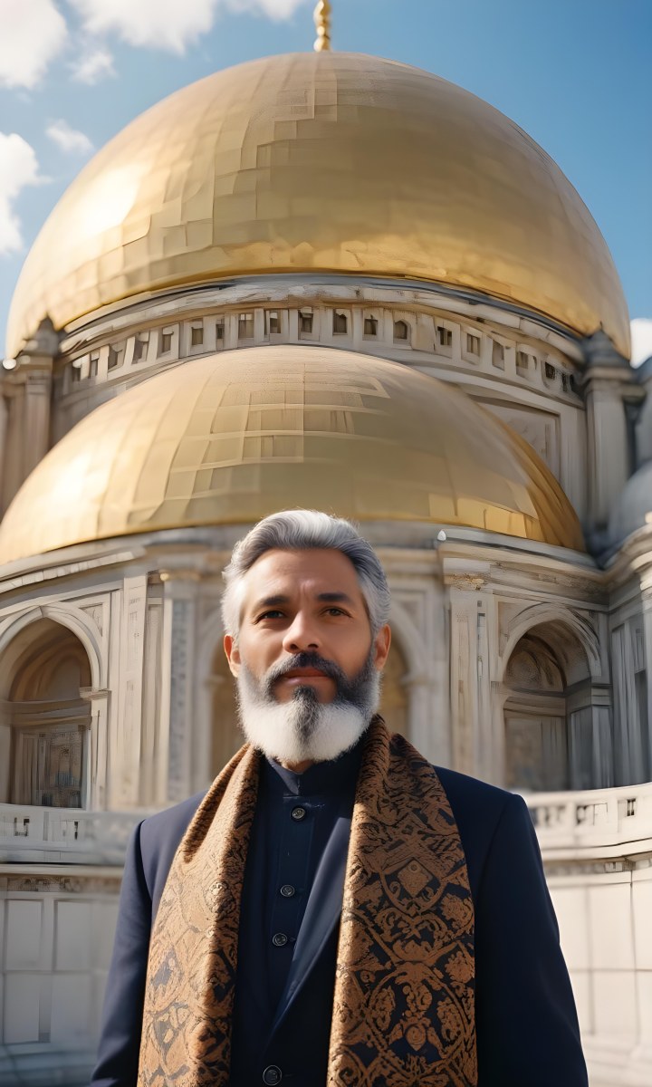Digital Painting A Middle Aged Man With A Light Brown Skin Tone And Gray Hair Wearing A Traditional Outfit And A Patterned Scarf He Has A Well Groomed Beard And Is Standing In Front Of A Large Golden Dome Structure 6 D3f5