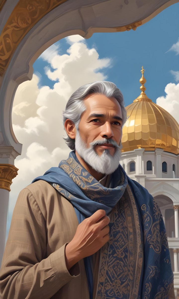 Digital Painting A Middle Aged Man With A Light Brown Skin Tone And Gray Hair Wearing A Traditional Outfit And A Patterned Scarf He Has A Well Groomed Beard And Is Standing In Front Of A Large Golden Dome Structure 8 81ef