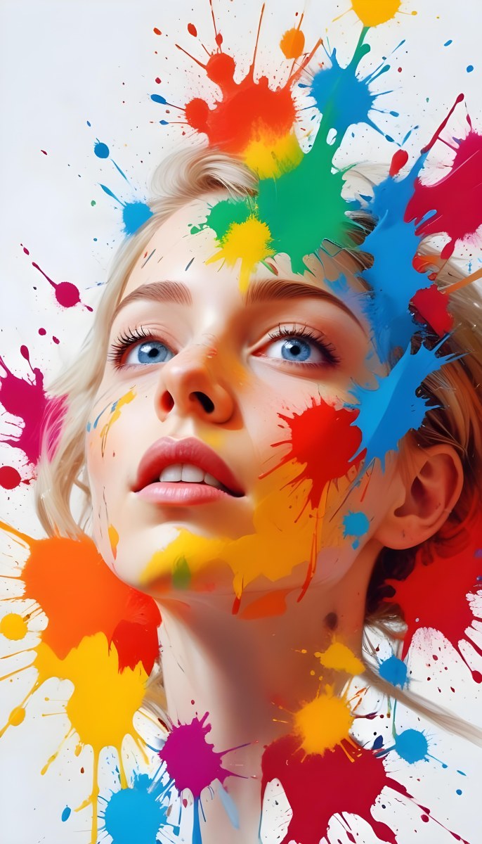 Digital Painting A White Woman Age 25 With Light Skin And Blue Eyes Looking Up Colorful Paint Splatters On Her Face White Background Bold And Slim Lines Brush Strokes 17 1221