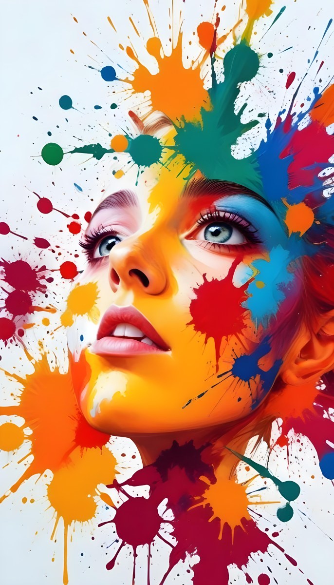 Digital Painting A White Woman Age 25 With Light Skin And Blue Eyes Looking Up Colorful Paint Splatters On Her Face White Background Bold And Slim Lines Brush Strokes 20 80c5