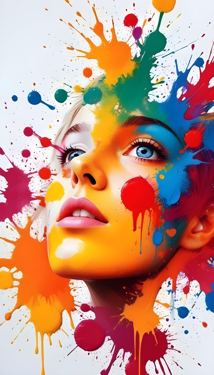 Digital Painting A White Woman Age 25 With Light Skin And Blue Eyes Looking Up Colorful Paint Splatters On Her Face White Background Bold And Slim Lines Brush Strokes 29 4acc