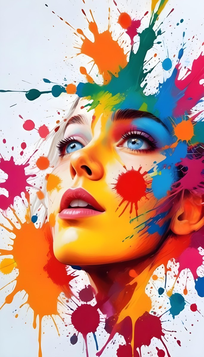 Digital Painting A White Woman Age 25 With Light Skin And Blue Eyes Looking Up Colorful Paint Splatters On Her Face White Background Bold And Slim Lines Brush Strokes 31 0877