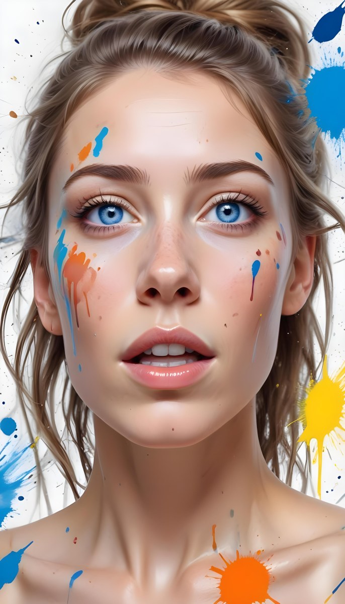 Digital Painting A White Woman Age 25 With Light Skin And Blue Eyes Looking Up Colorful Paint Splatters On Her Face White Background Bold And Slim Lines Brush Strokes 38 Be23