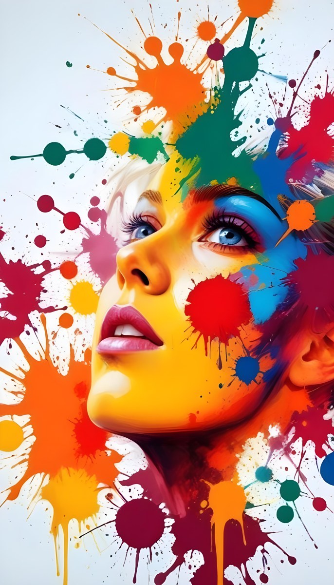 Digital Painting A White Woman Age 25 With Light Skin And Blue Eyes Looking Up Colorful Paint Splatters On Her Face White Background Bold And Slim Lines Brush Strokes 44 Ce84