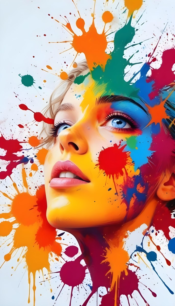 Digital Painting A White Woman Age 25 With Light Skin And Blue Eyes Looking Up Colorful Paint Splatters On Her Face White Background Bold And Slim Lines Brush Strokes 46 9e17