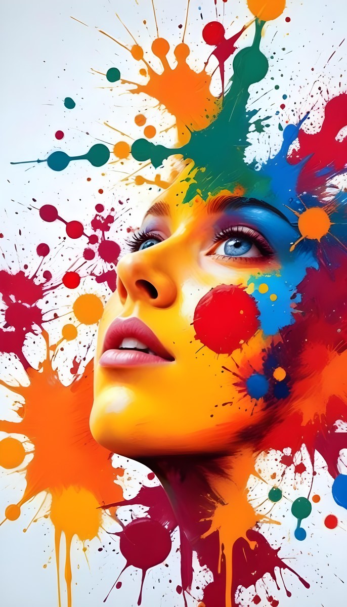 Digital Painting A White Woman Age 25 With Light Skin And Blue Eyes Looking Up Colorful Paint Splatters On Her Face White Background Bold And Slim Lines Brush Strokes 48 Aca5