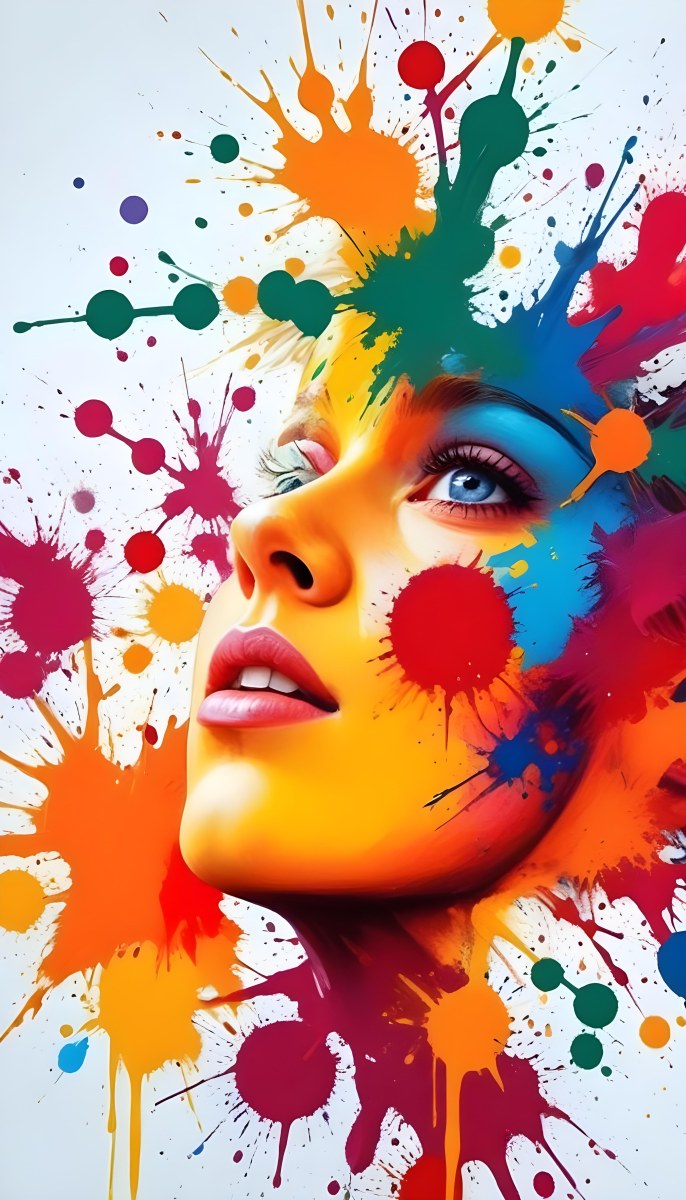 Digital Painting A White Woman Age 25 With Light Skin And Blue Eyes Looking Up Colorful Paint Splatters On Her Face White Background Bold And Slim Lines Brush Strokes 49 0121