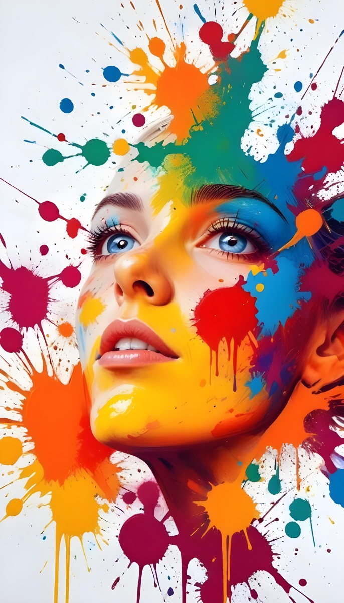 Digital Painting A White Woman Age 25 With Light Skin And Blue Eyes Looking Up Colorful Paint Splatters On Her Face White Background Bold And Slim Lines Brush Strokes 51 E984