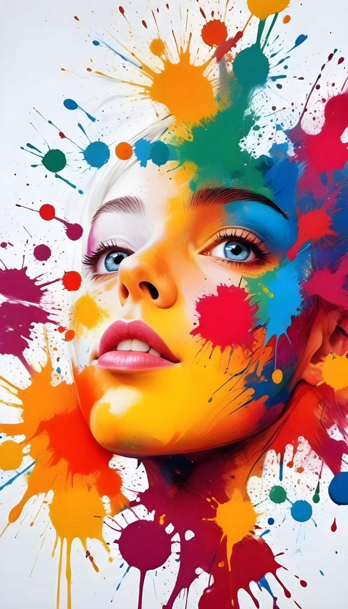 Digital Painting A White Woman Age 25 With Light Skin And Blue Eyes Looking Up Colorful Paint Splatters On Her Face White Background Bold And Slim Lines Brush Strokes 7 C974