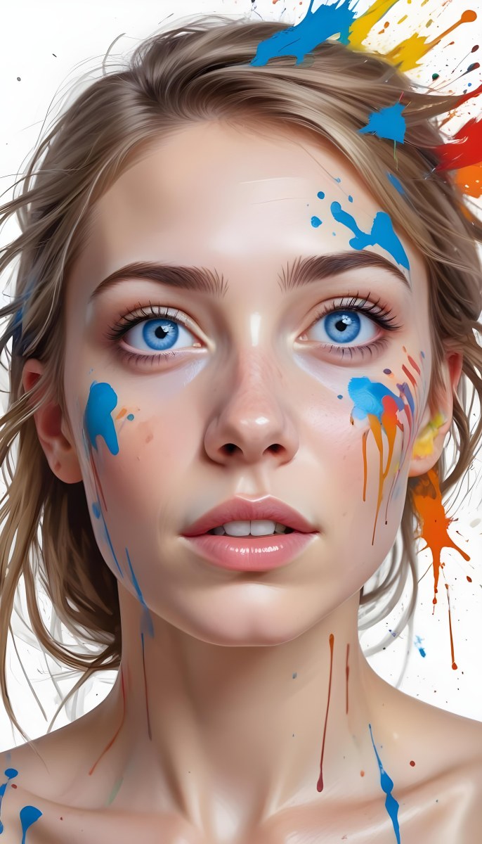 Digital Painting A White Woman Age 25 With Light Skin And Blue Eyes Looking Up Colorful Paint Splatters On Her Face White Background Bold And Slim Lines Brush Strokes 8 F15a
