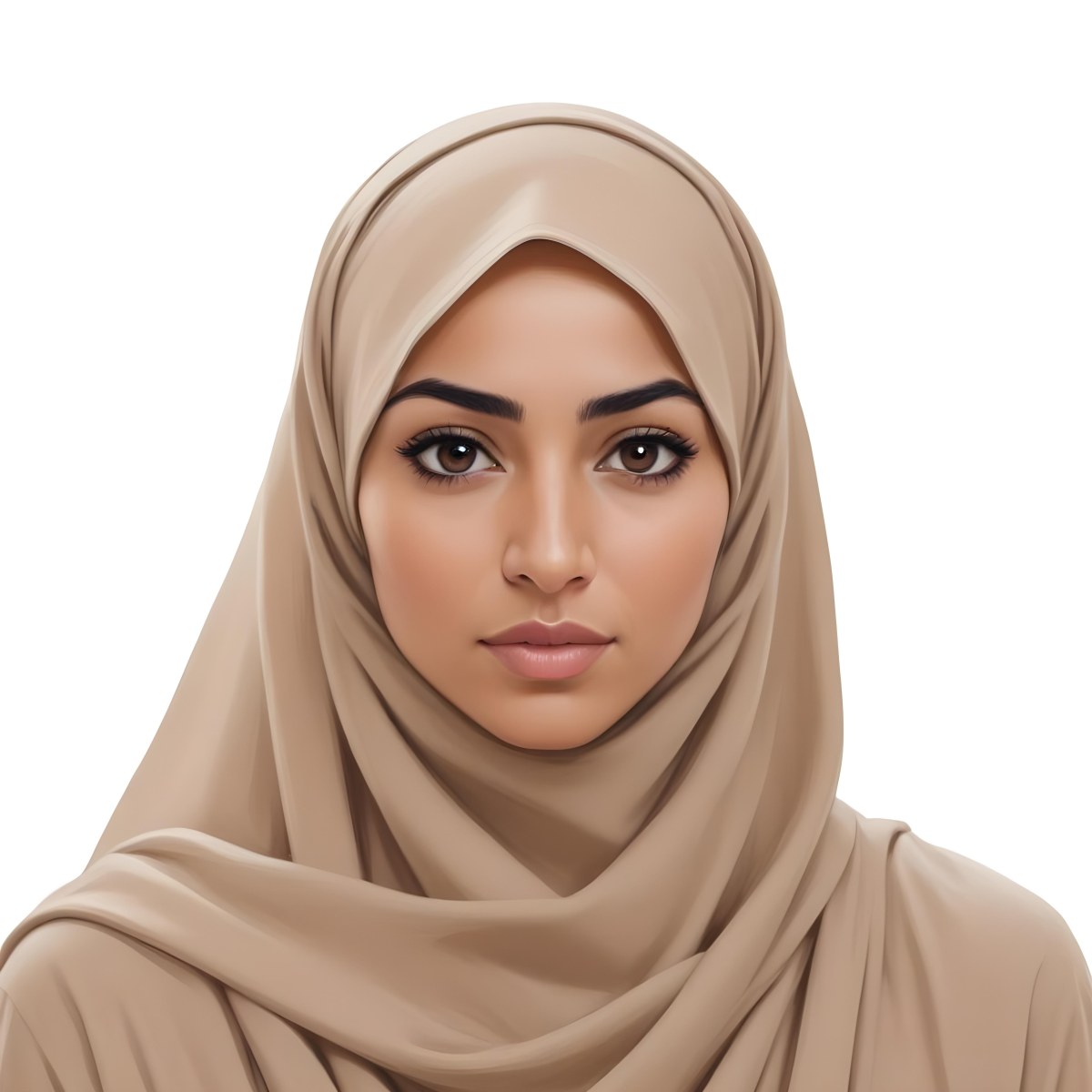 Digital Painting A Woman Of Middle Eastern Descent Approximately 30 Years Old With Medium Brown Skin And Dark Hair Covered By A Light Beige Hijab She Has A Neutral Expression And Is Facing Forward Against A Plain Whit 10 3d84